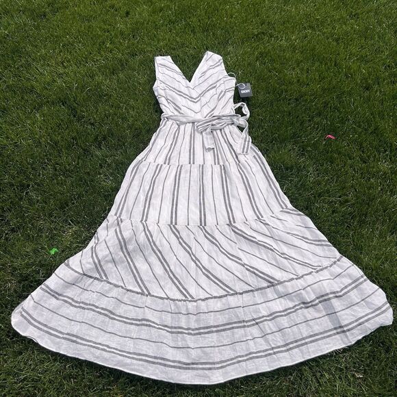 DKNY  Donna Karan Linen Stripe V-Neck Sleeveless Tie Waist Maxi Dress NWT size 2 - Picture 2 of 11